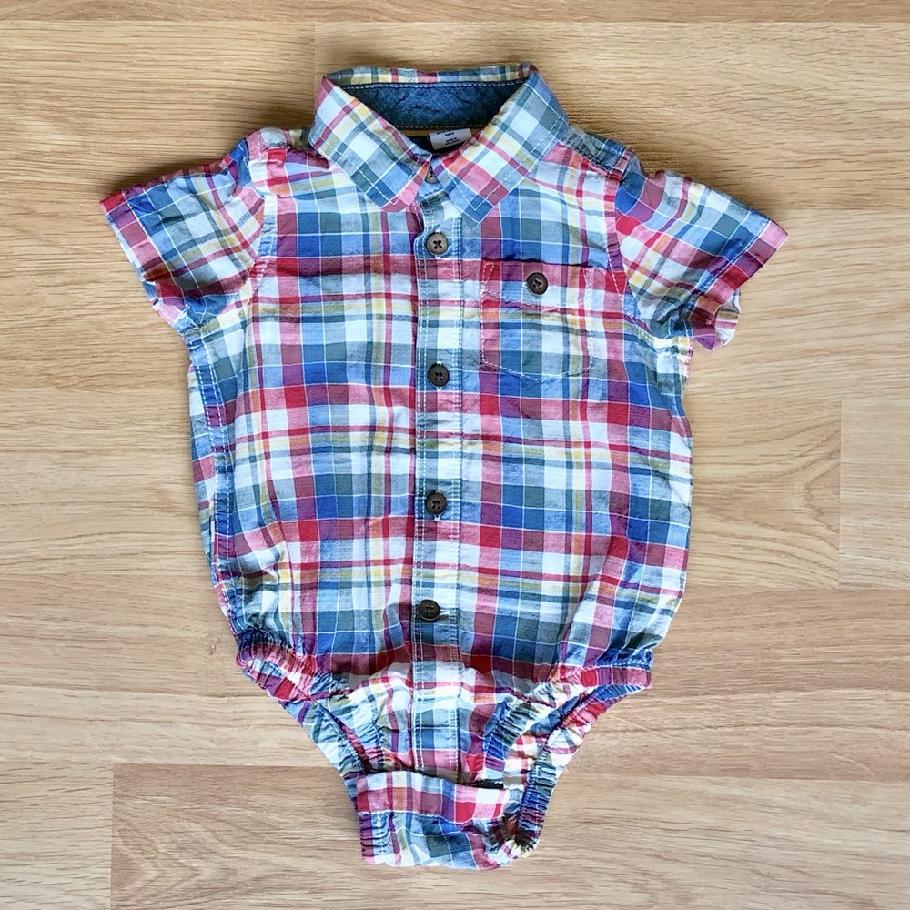 EUC GAP Baby Boy Collared Plaid Onesie Bodysuit